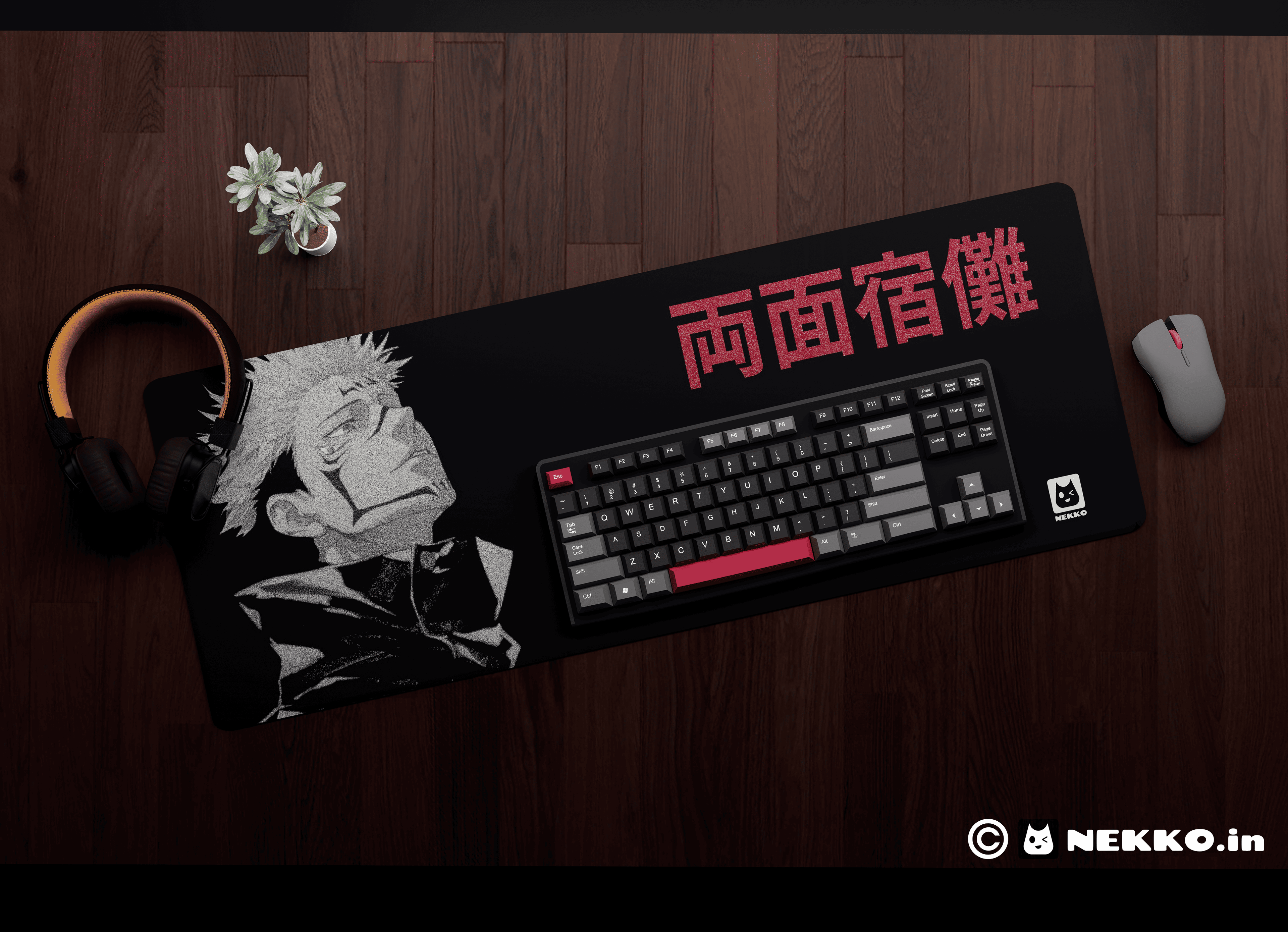 Close-up of Sukuna: “The King of Curses” desk mat showing high-quality print details