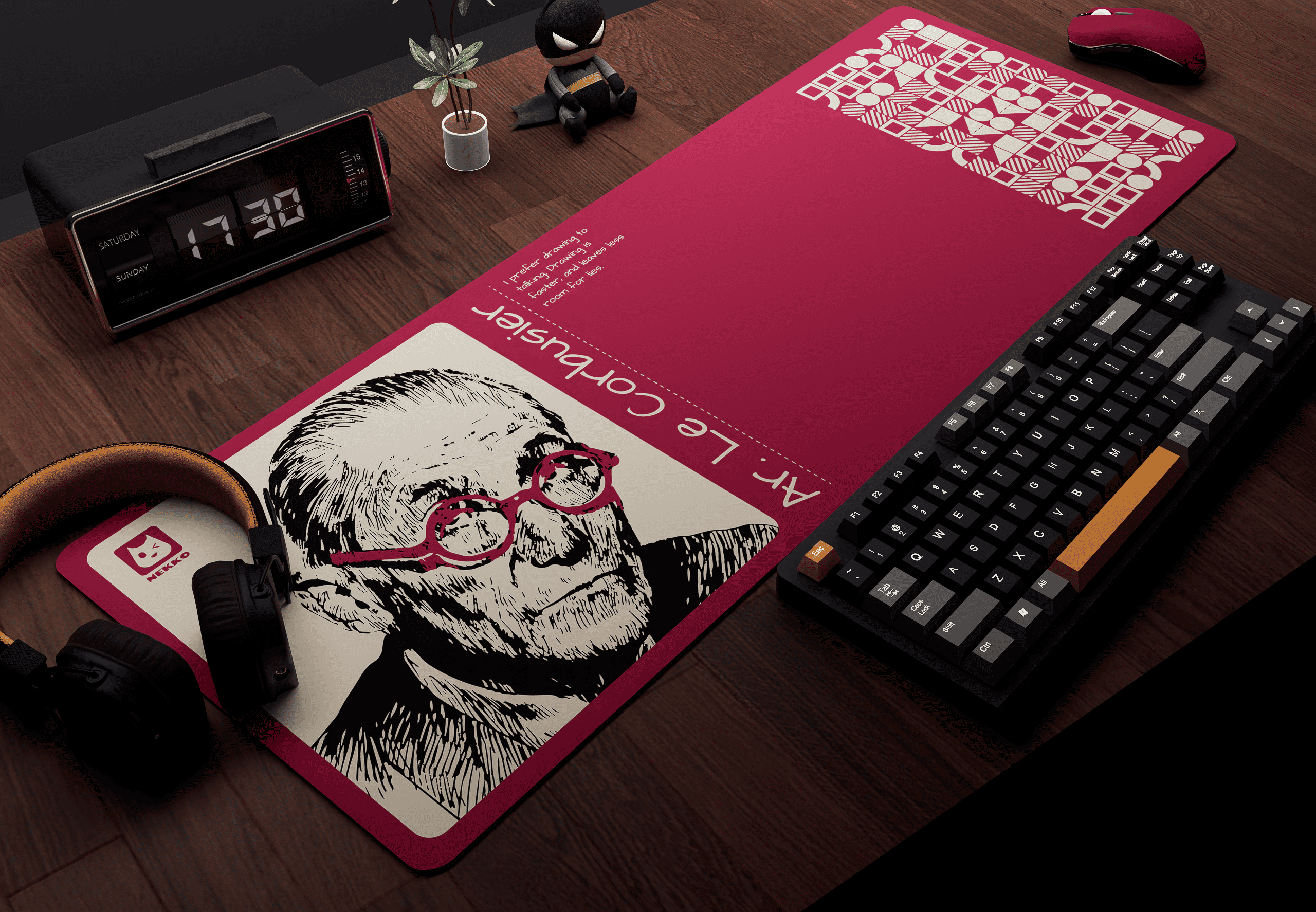 Ar. Le Corbusier desk mat on workspace setup with keyboard and mouse