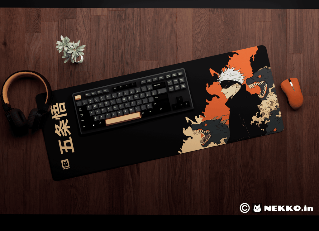 Close-up of Gojo Satoru- “The honored one” desk mat showing high-quality print details