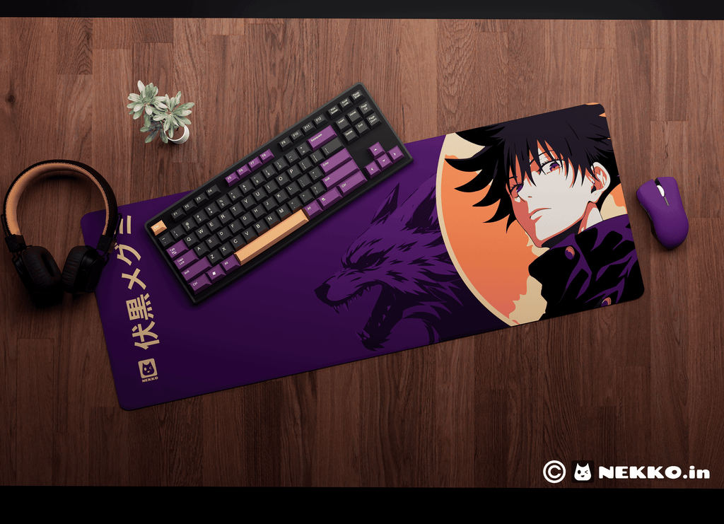 Close-up of Megumi Fushiguro- “Divine Dogs” desk mat showing high-quality print details