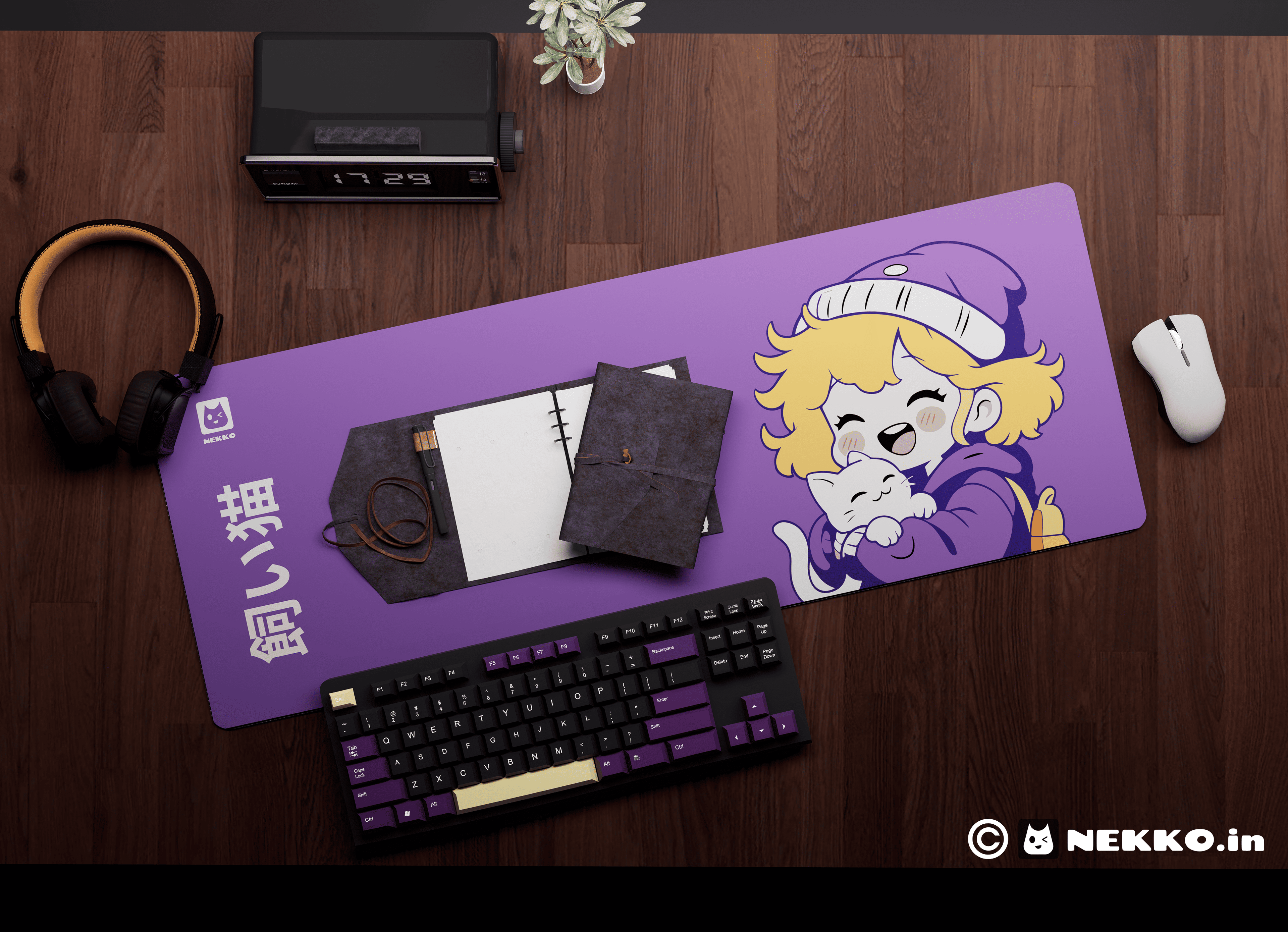 Close-up of Nekko Chan desk mat showing high-quality print details