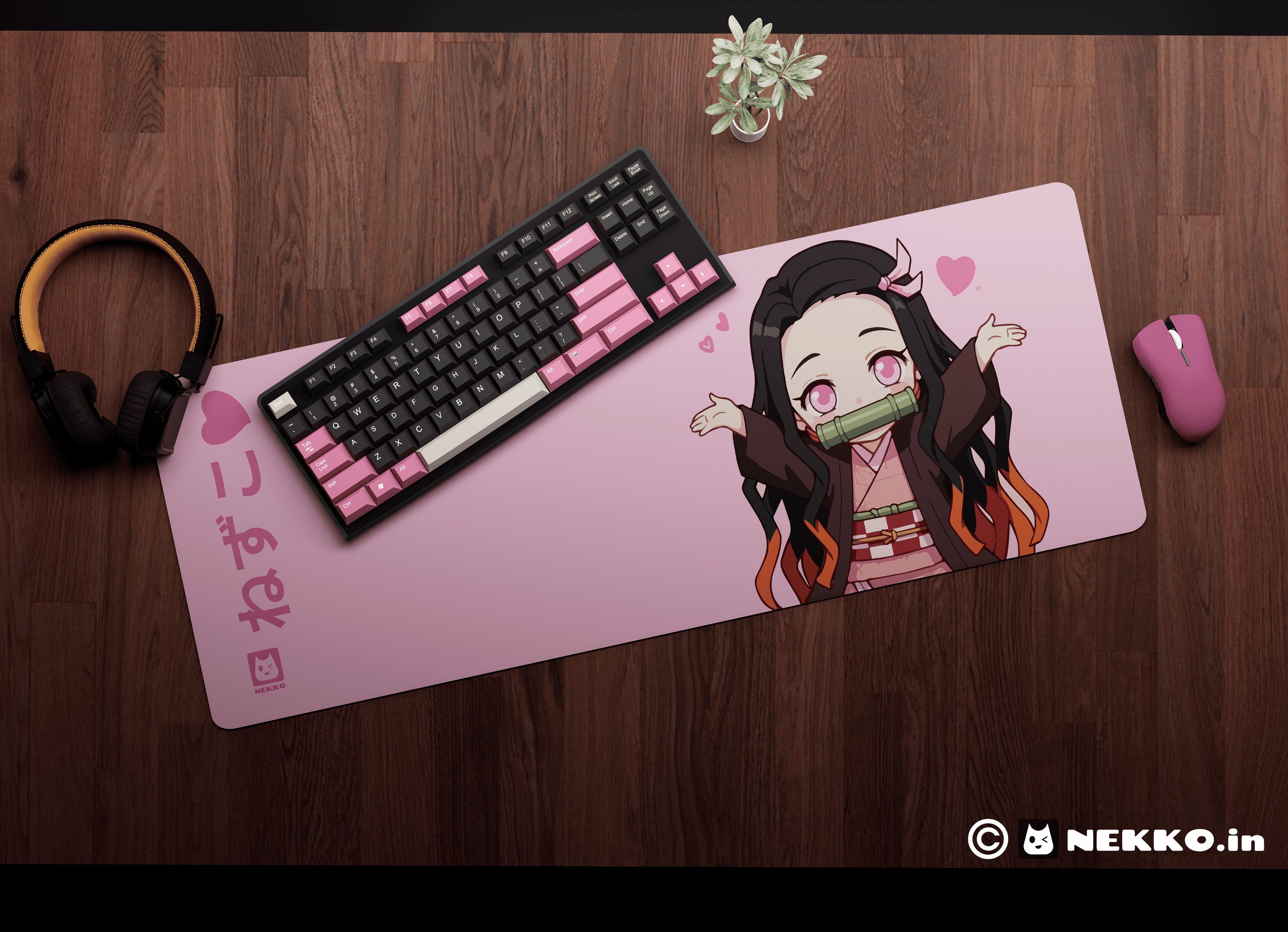 Close-up of Nezuko Kamado- “Charming Demon” desk mat showing high-quality print details