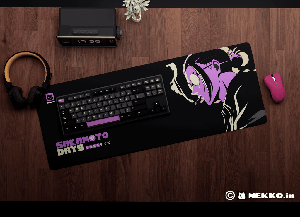 Close-up of The O.G. Sakamato desk mat showing high-quality print details